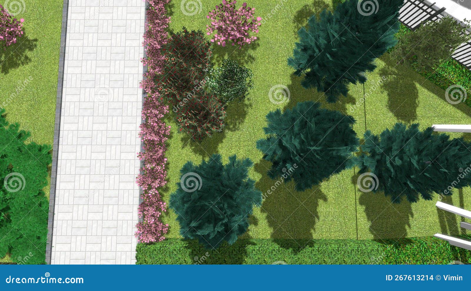 3D Illustration of Modern Patio Landscape Design. Computer Visualization of Urban Area