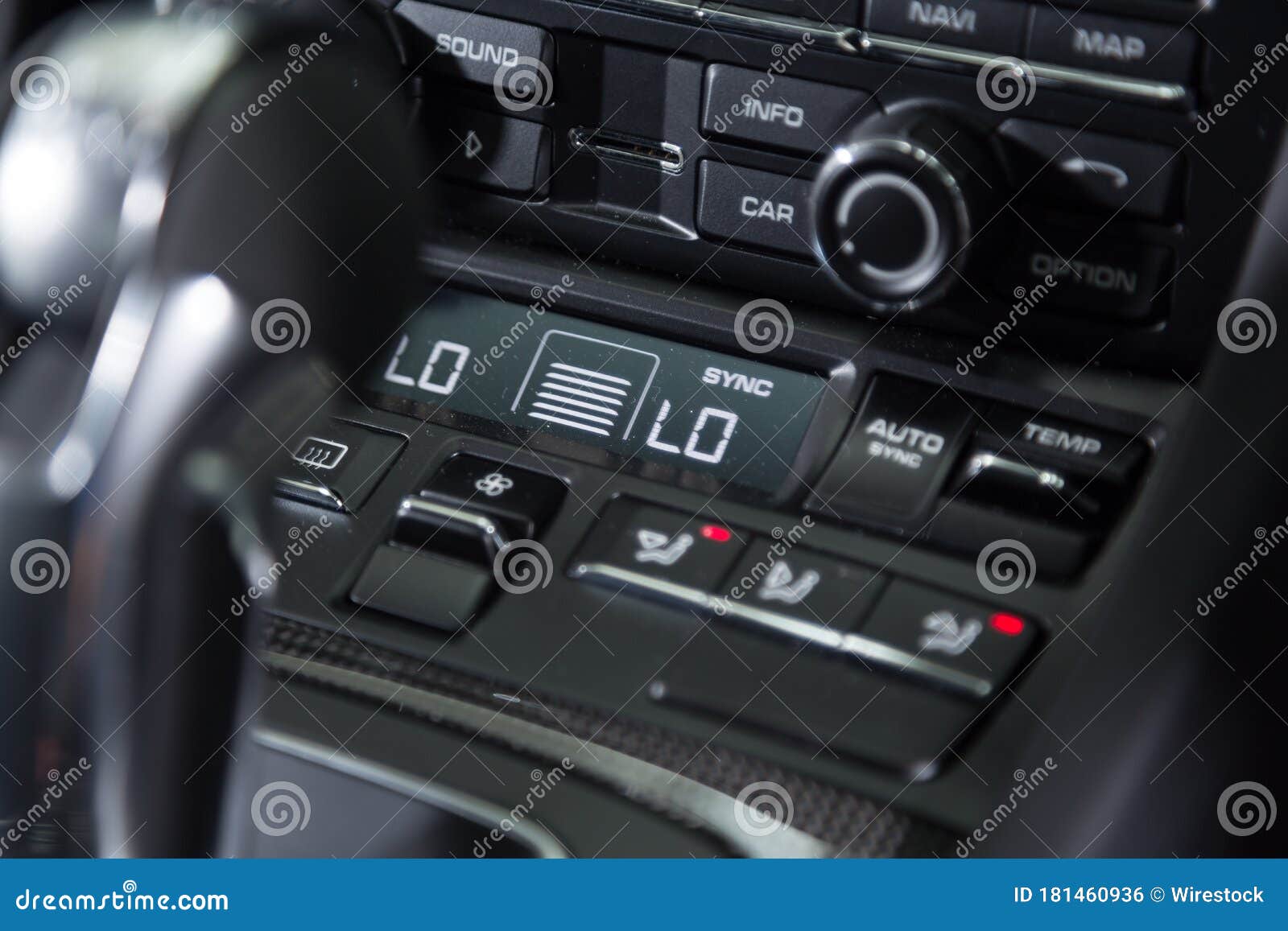 Control Panel Details of a Luxury Car with Black Interior Stock Photo