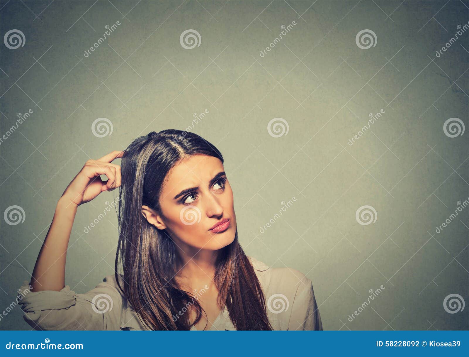 Contused Thinking Woman Bewildered Scratching Her Head Seeks A Solution