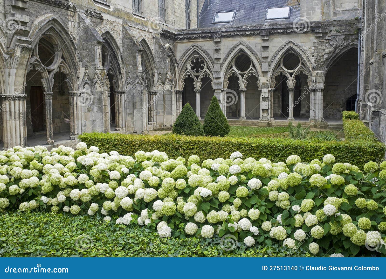 Convento dell'abbazia in Soissons. Soissons (l'Aisne, Picardie, Francia) - convento dell'abbazia antica in stile gotico, piante e fiori (hydrangeas bianchi)