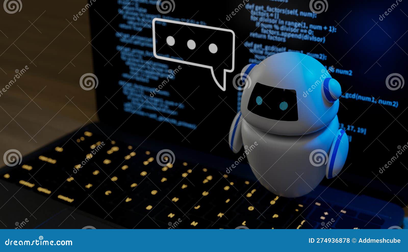a conversational ai chatbot responds to a user's needs in front of a laptop. 3d