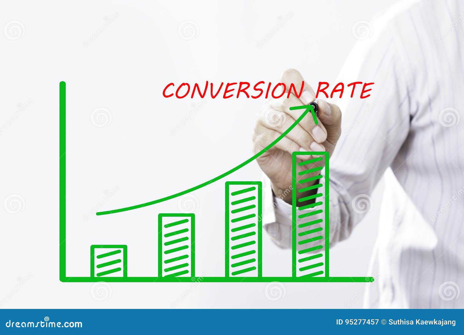 conversion rate text with hand of young businessman