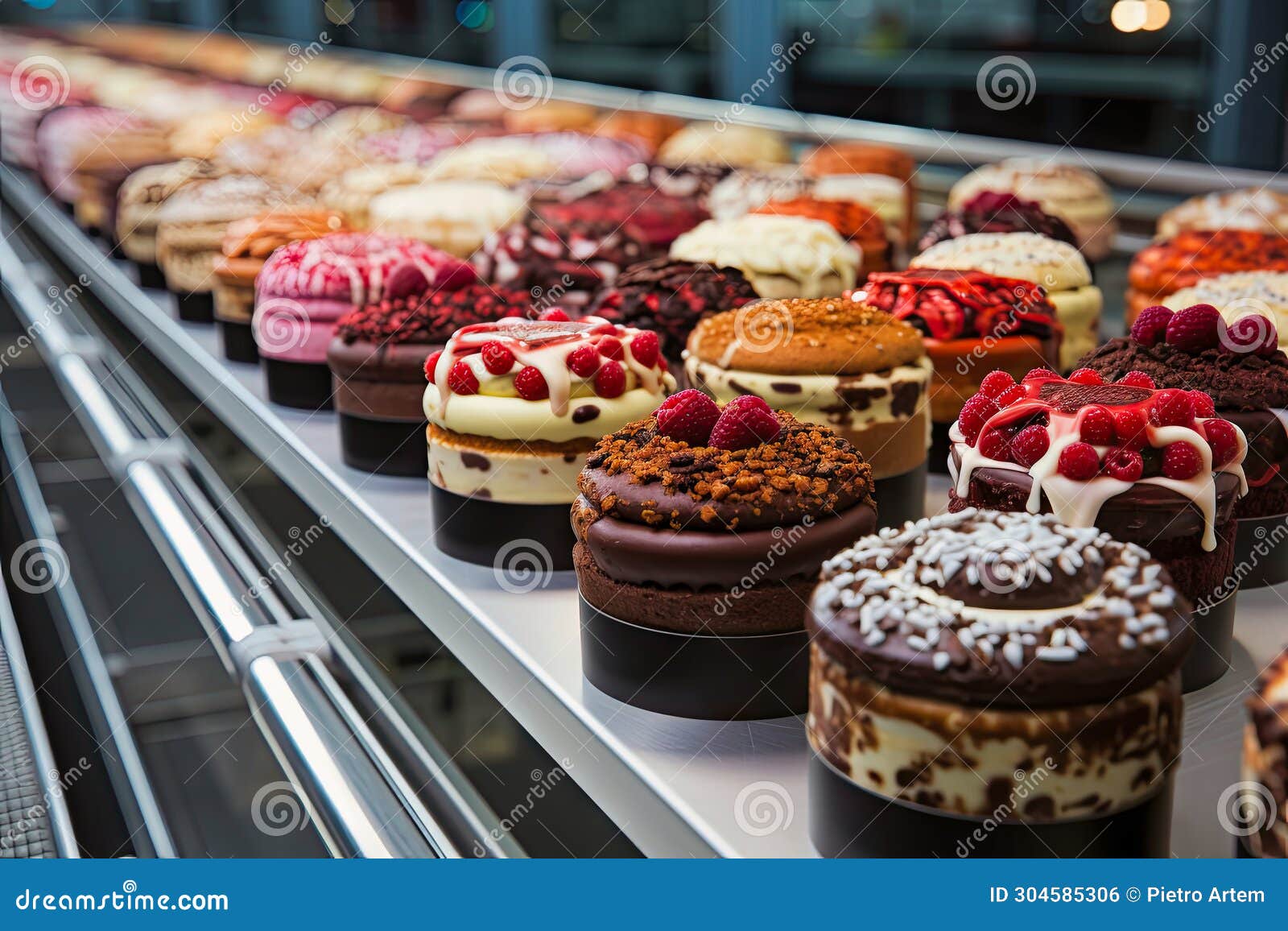 Conveyor Belt with Many Cakes on it Stock Photo Image of food