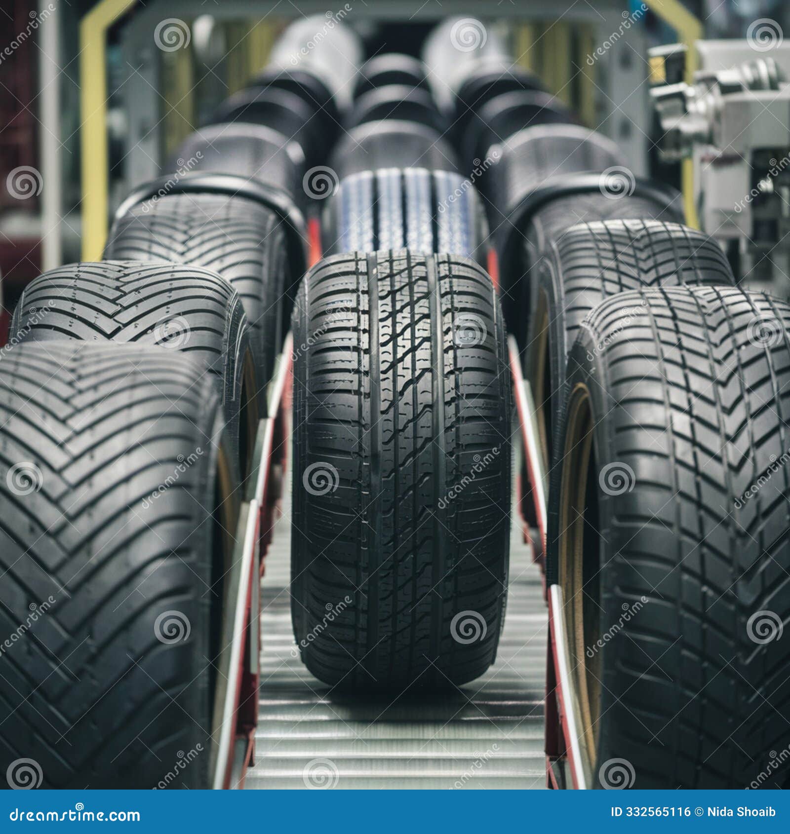 conveyor belt with multiple tires at different production stages.