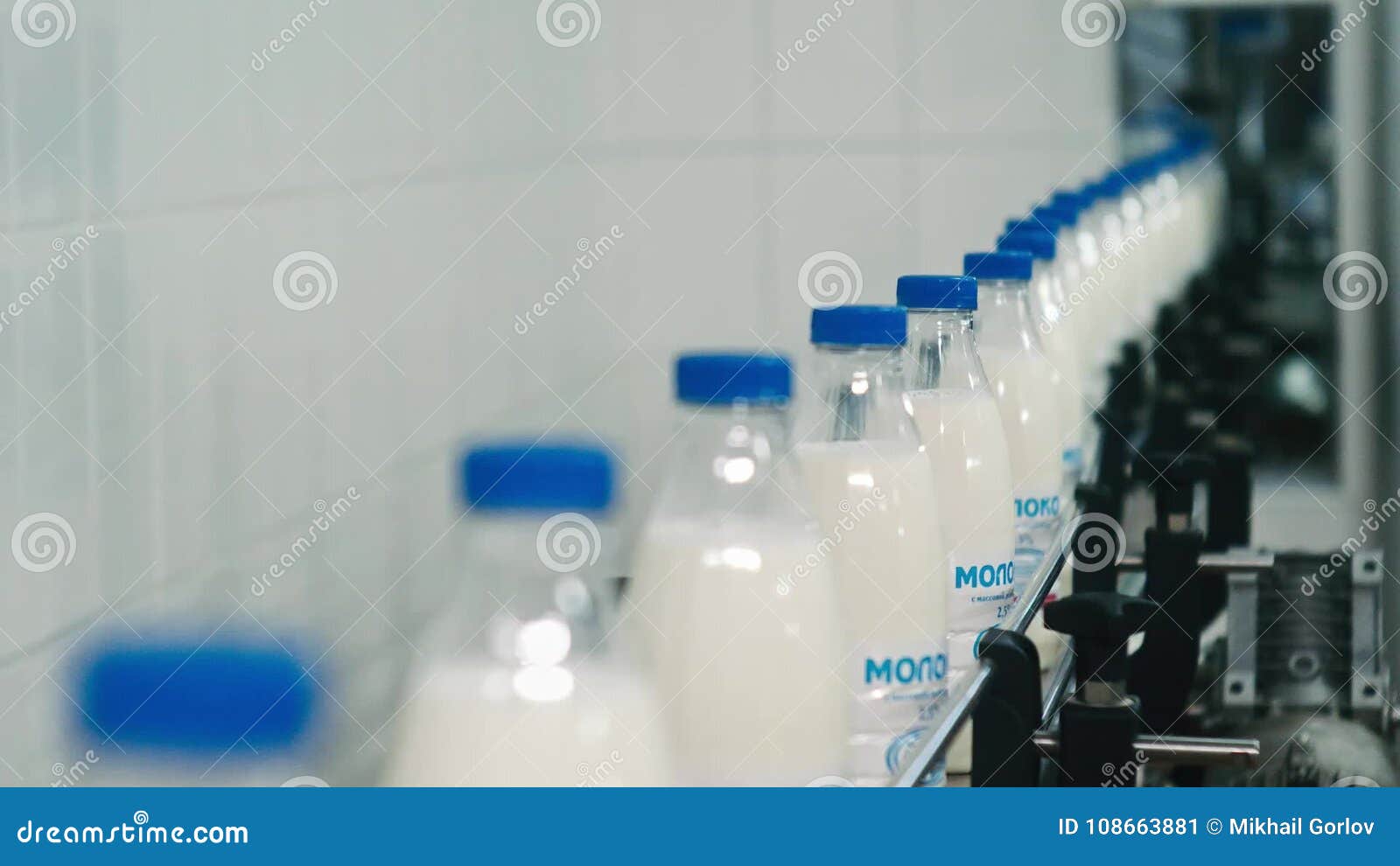 conveyor line for pouring dairy products into plastic bottles at a