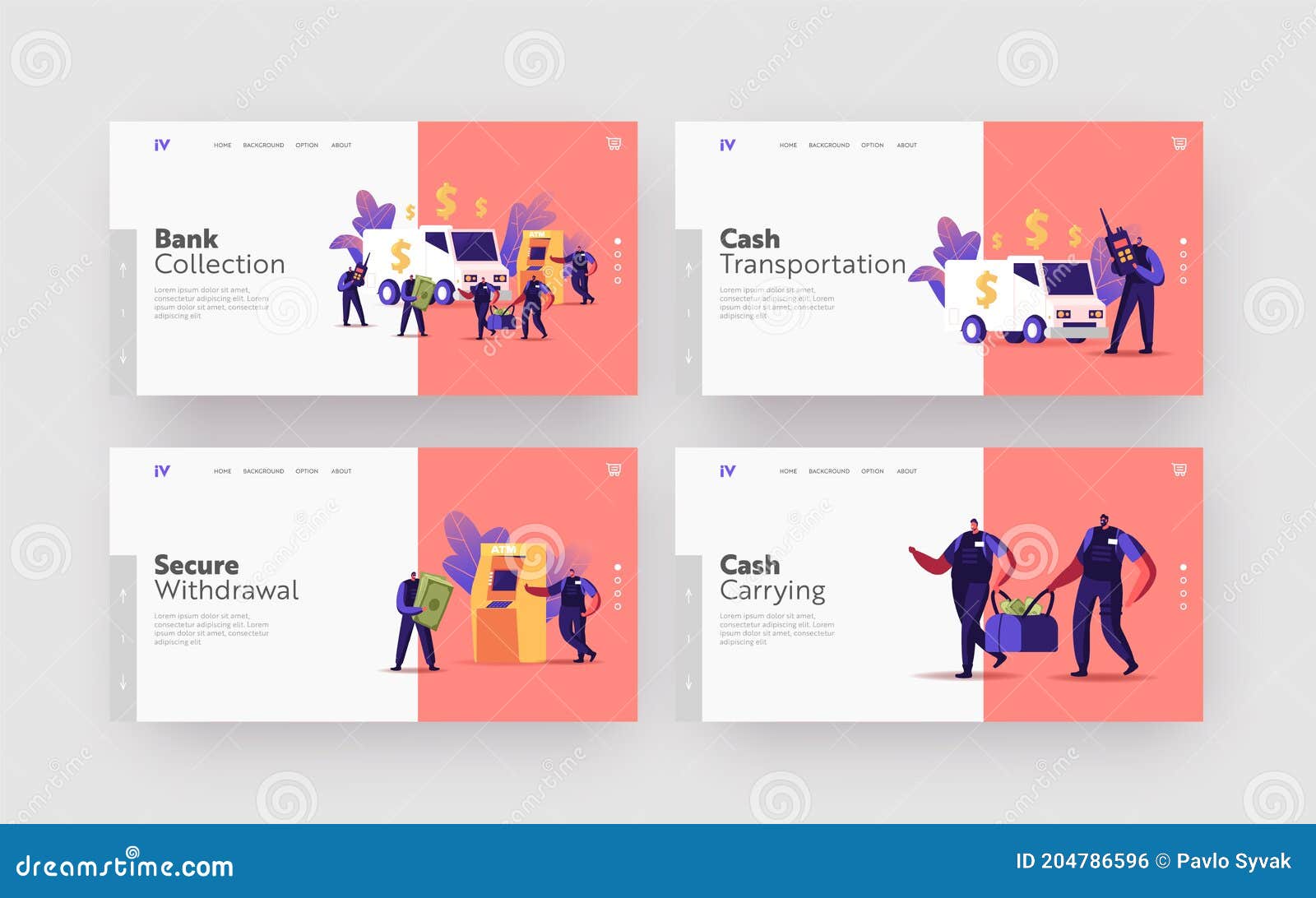 convoy job landing page template set. armed guard characters collectors carry bags from atm or currency exchange office