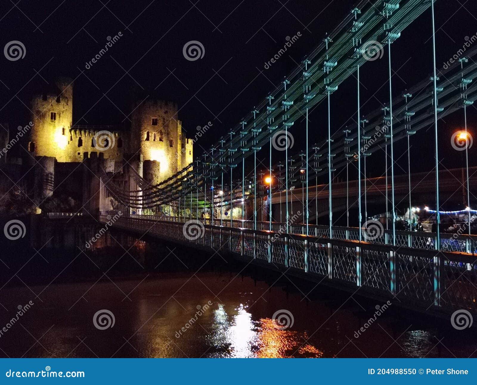 Conwy Castle and Suspension Bridge at Night Stock Photo Image of
