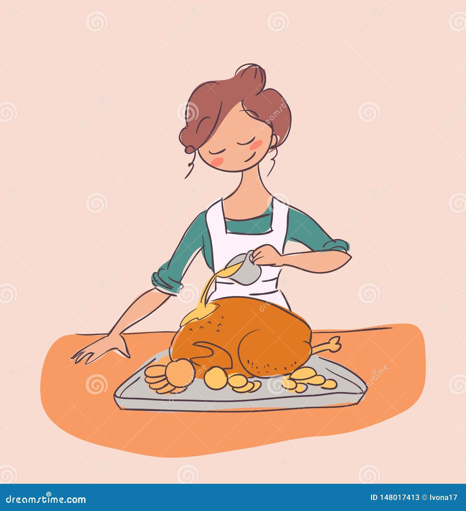 Cook Chicken Housewife Dinner Vector Illustration Doodle Stock ...