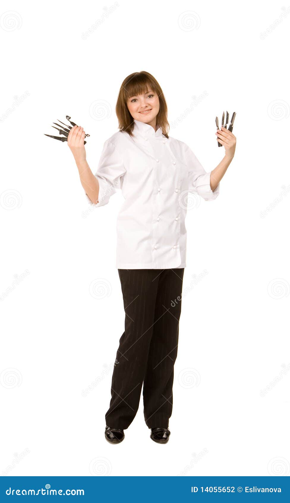 Cook girl holding knives stock photo. Image of household 14055652