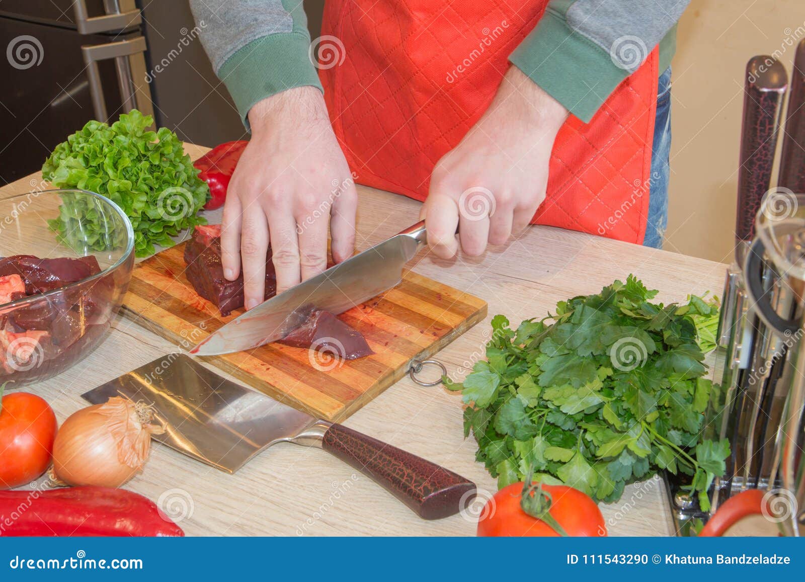 Cook Hands Cutting Raw Meat at Kitchen Table Stock Photo Image of