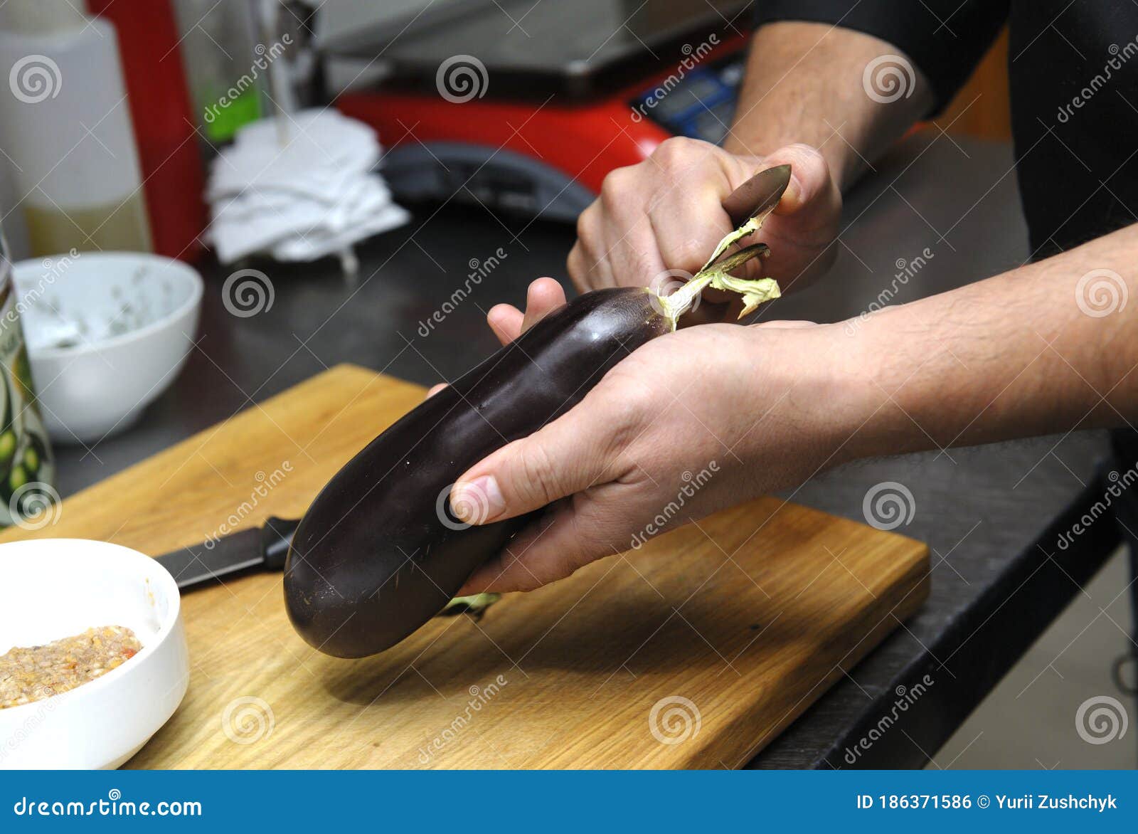 Cook Hands Peeling Eggplant with Knife Stock Photo Image of making