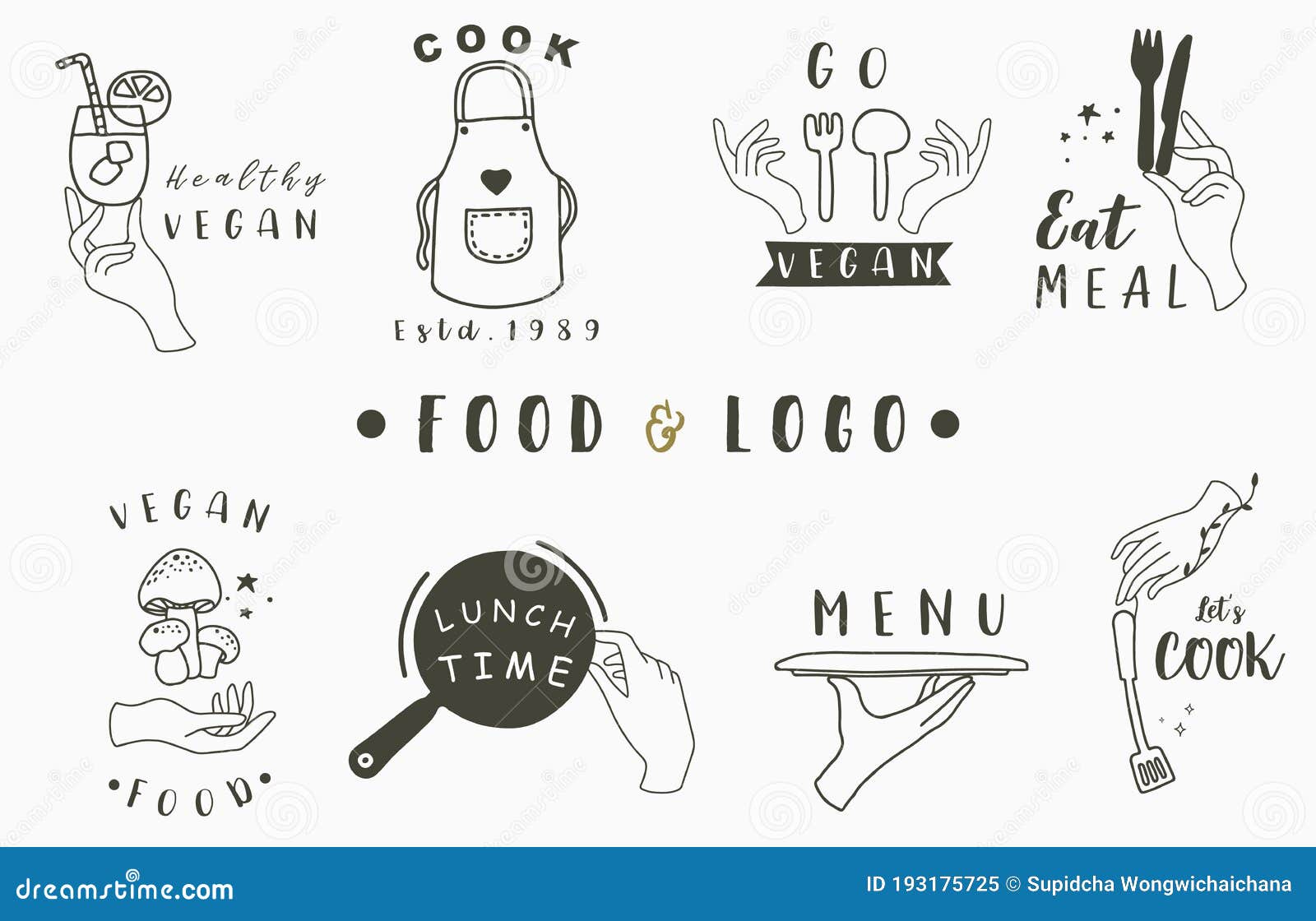 Cook and Kitchen Logo Collection with  Apron,pan,mushroom,pot,fork, Illustration for Icon,logo,sticker,printable  and Stock Illustration - Illustration of hand, chic: 193175725