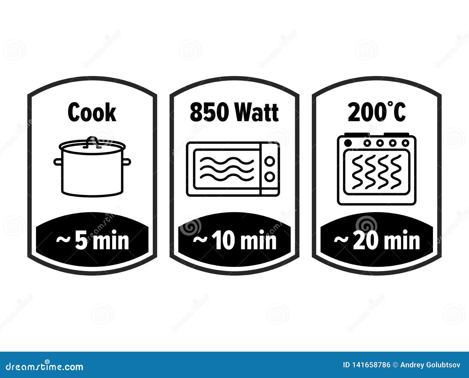 cook minutes  icon. minutes cooking in boiling saucepan, microwave watt and oven cooker temperature, food cook