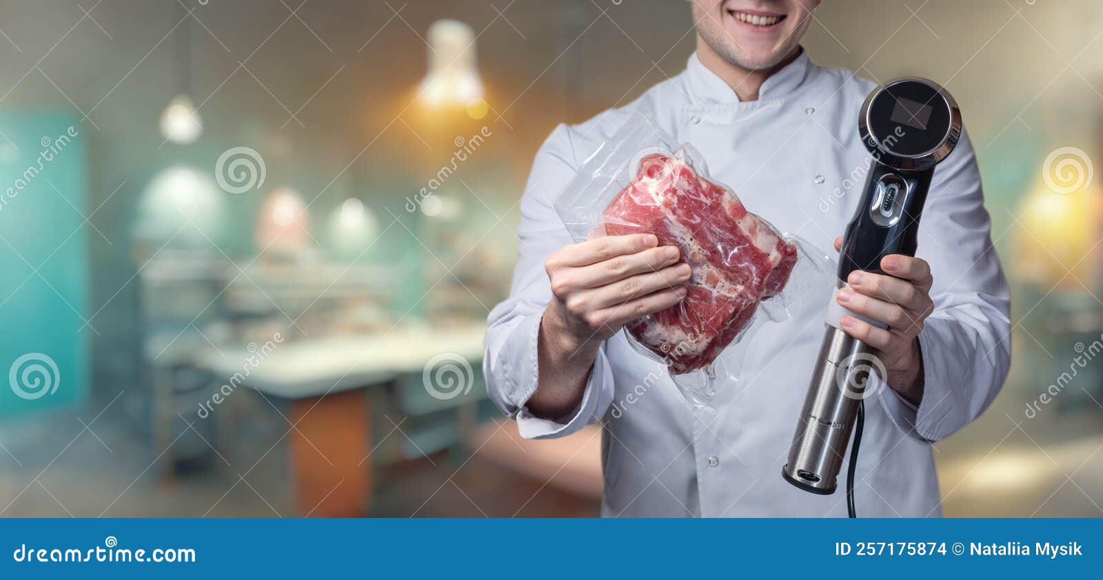 Cook Shows Vacuumpacked Meat with a Device for Cooking at Low