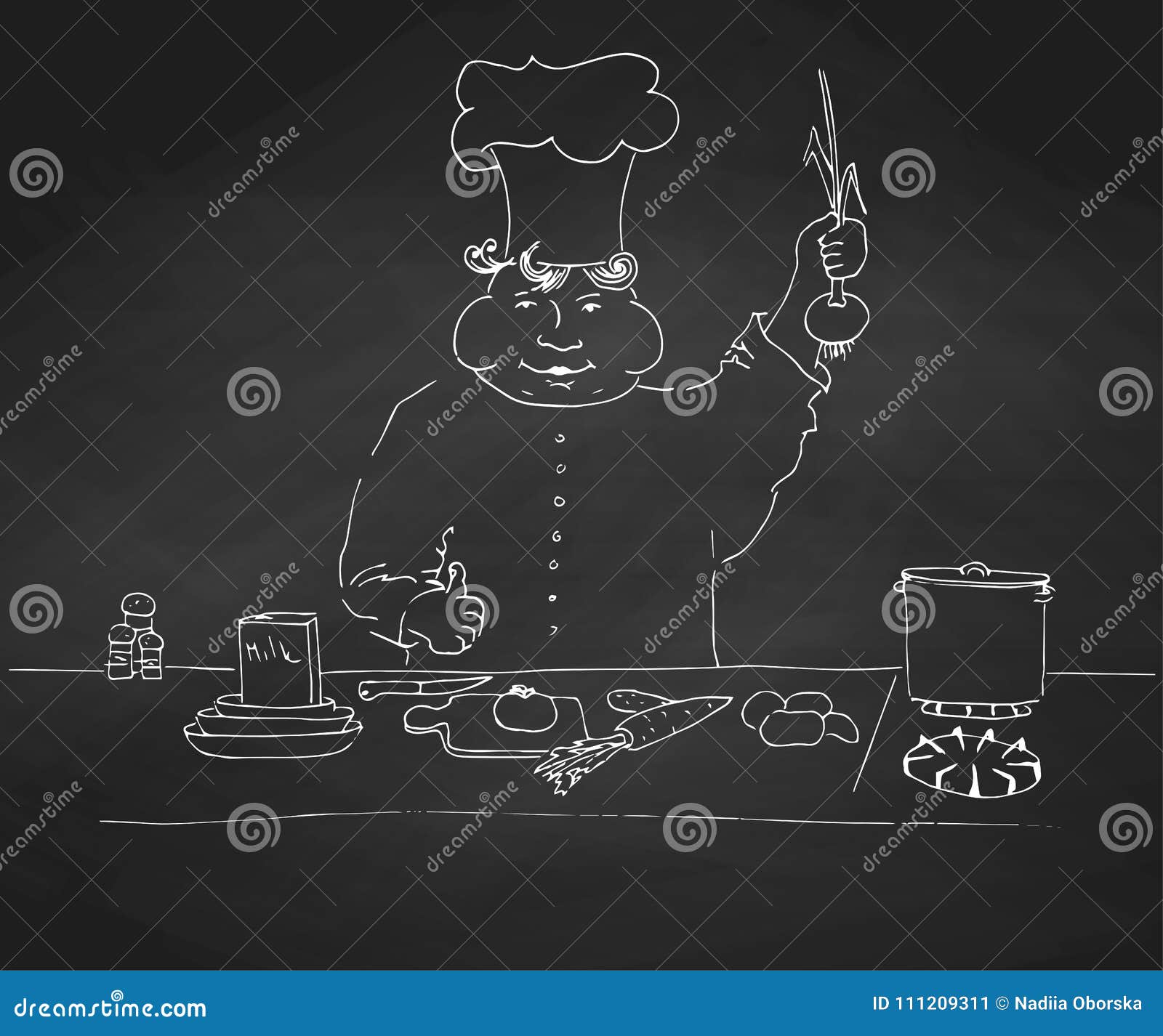 Cook is at the Table. Sketch of Chefs Hand Drawn Chalk on a Chalkboard ...