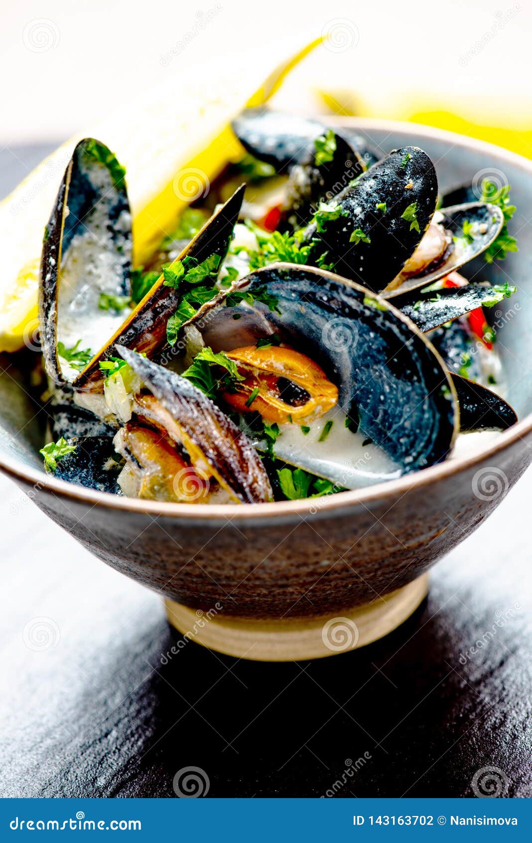 Cooked Blue mussels stock photo. Image of rustic, mollusk 143163702