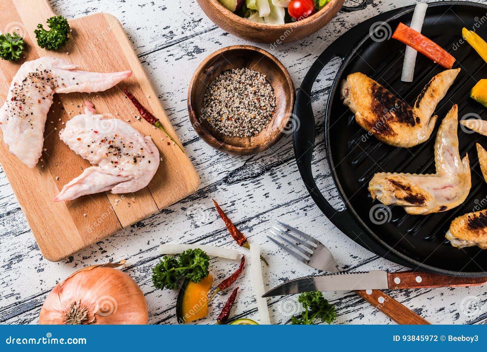 Cooked Chicken Dishes and Vegetables and Spices Stock Photo - Image of