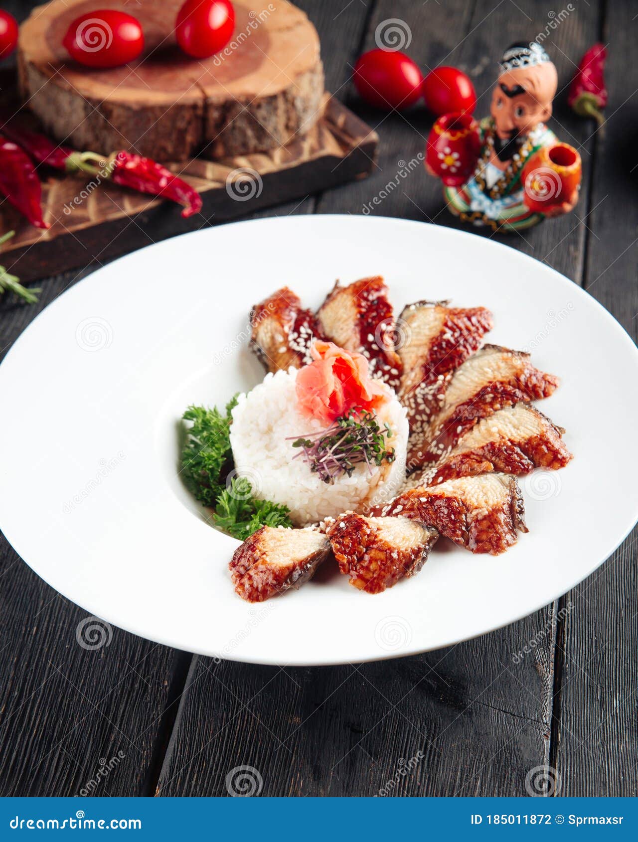 Cooked Eel Fish Rice, Greens and Marinated Ginger Stock Photo Image