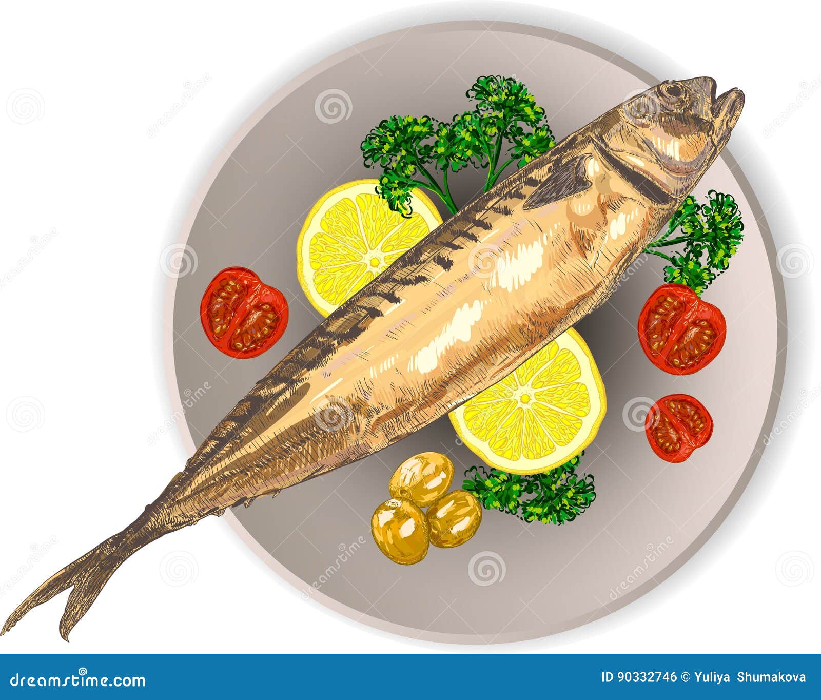 Cooked Fish and Raw Vegetables on a Plate Stock Illustration