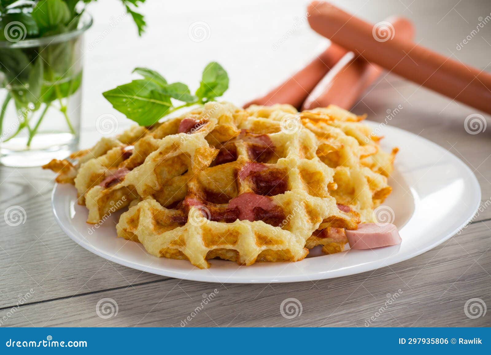 Cooked Fried Potato Waffles with Sausage Stuffing Inside Stock Photo