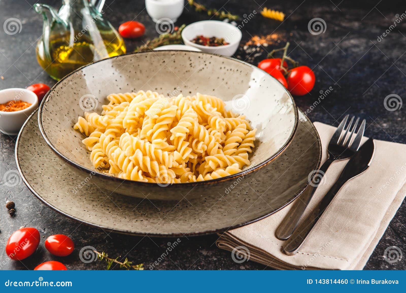 Cooked Fusilli Pasta in Plate Stock Photo Image of tomatoes, green