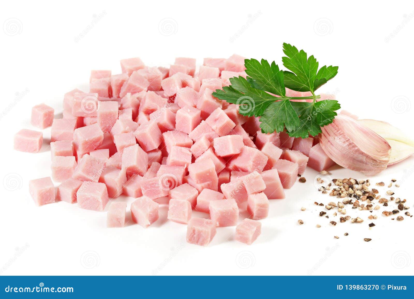 Cooked Ham Cubes stock photo. Image of food, isolation 139863270