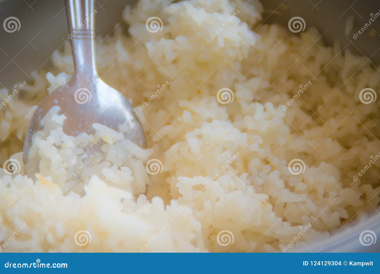 Cooked Jasmine Rice in the Electric Rice Cooker Pot with the Scooping