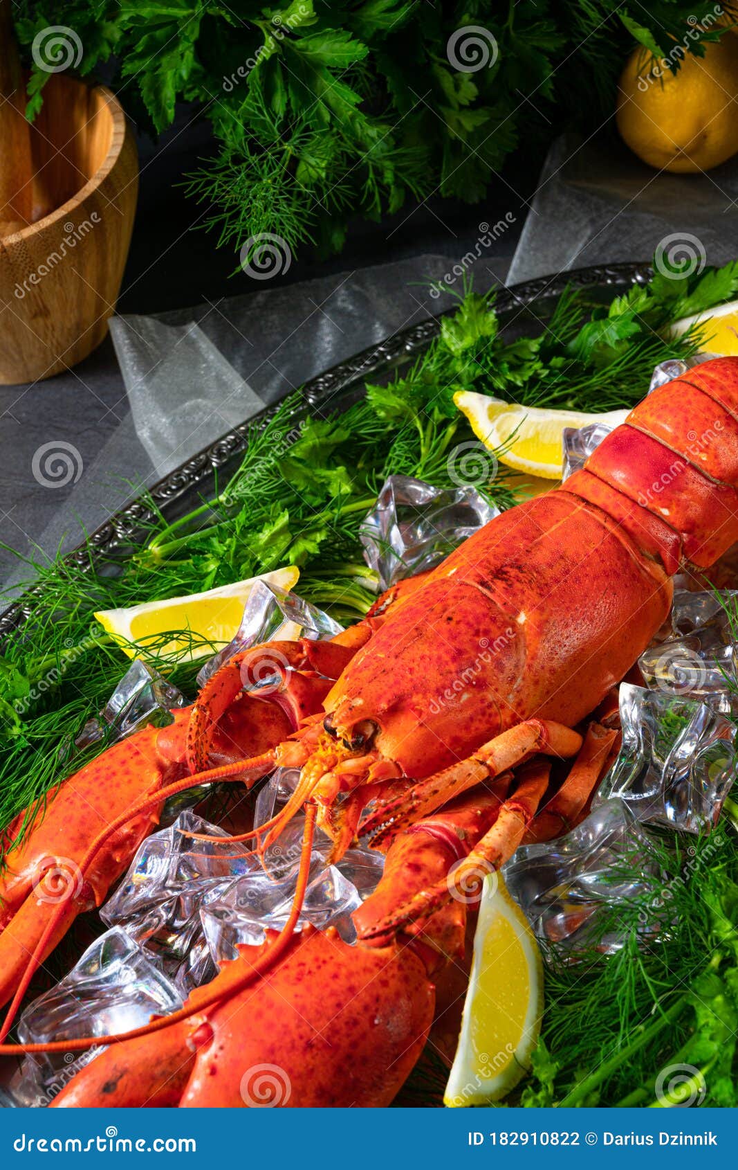 The cooked lobster on ice stock photo. Image of meal 182910822