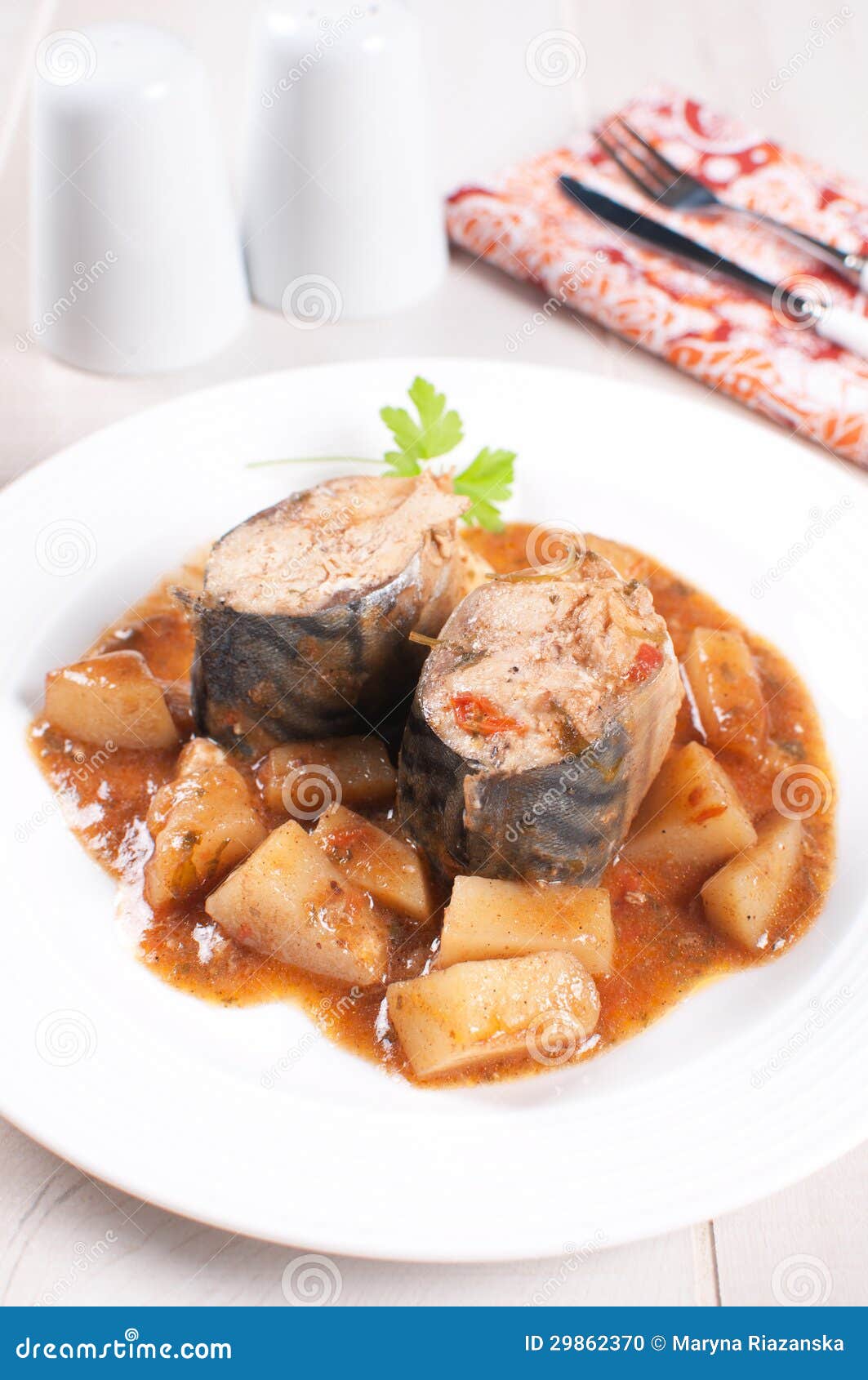 Cooked Mackerel with Potato and Tomato Stew Stock Photo Image of