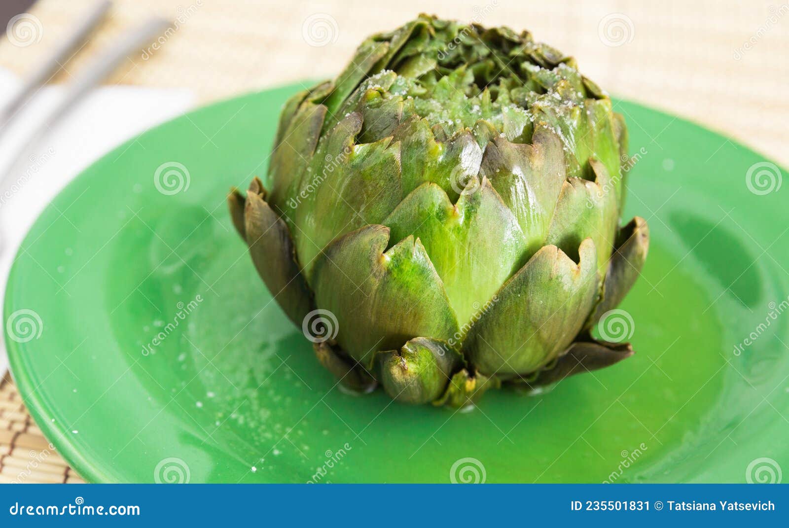 Cooked Whole Artichoke on a Green Plate Stock Image Image of