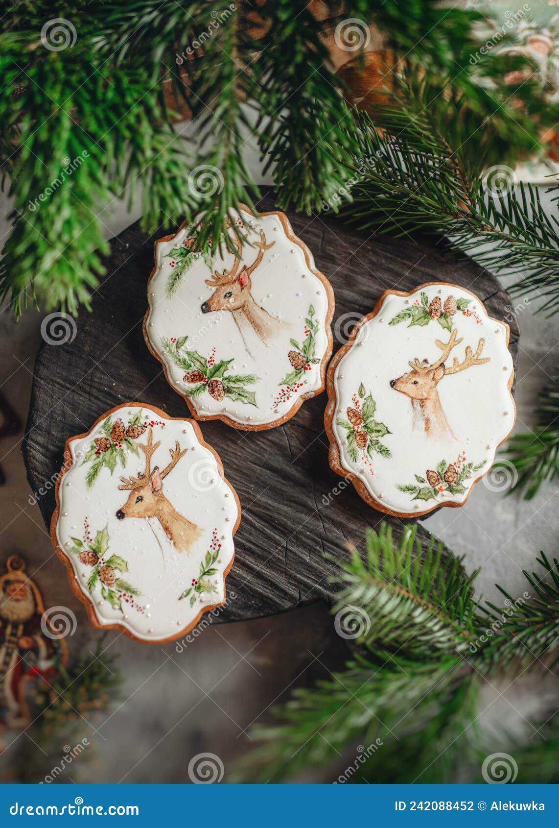 cookies honey gingerbread covered with icing with a new year`s pattern