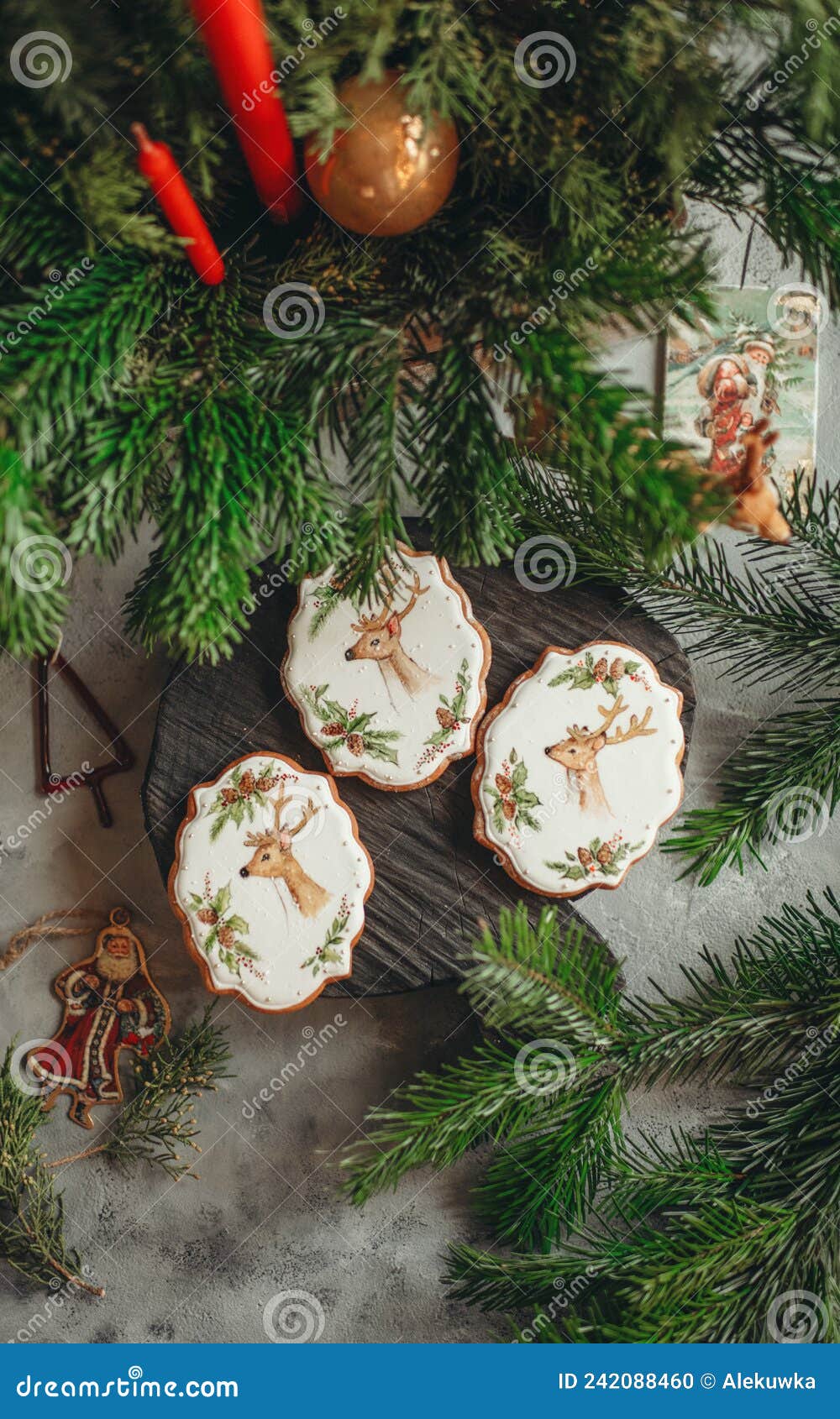 cookies honey gingerbread covered with icing with a new year`s pattern