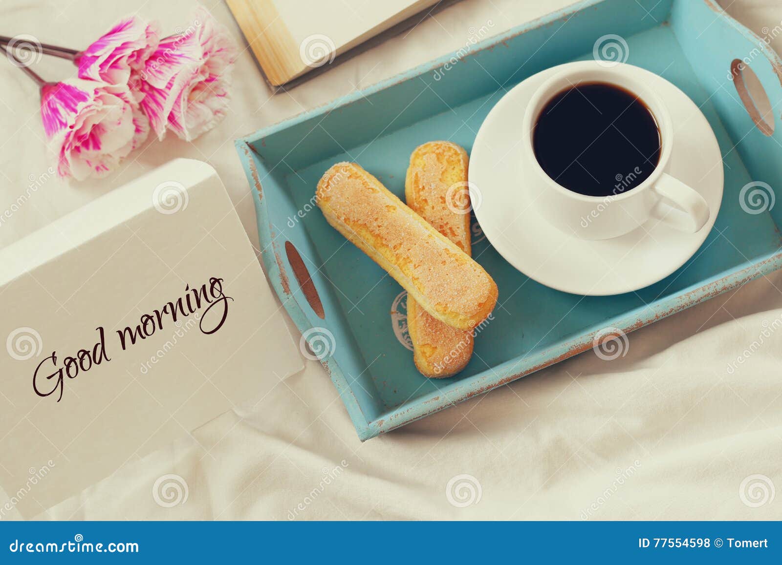 Cookies, Hot Coffee, Flowers And Note With The Text: GOOD 
