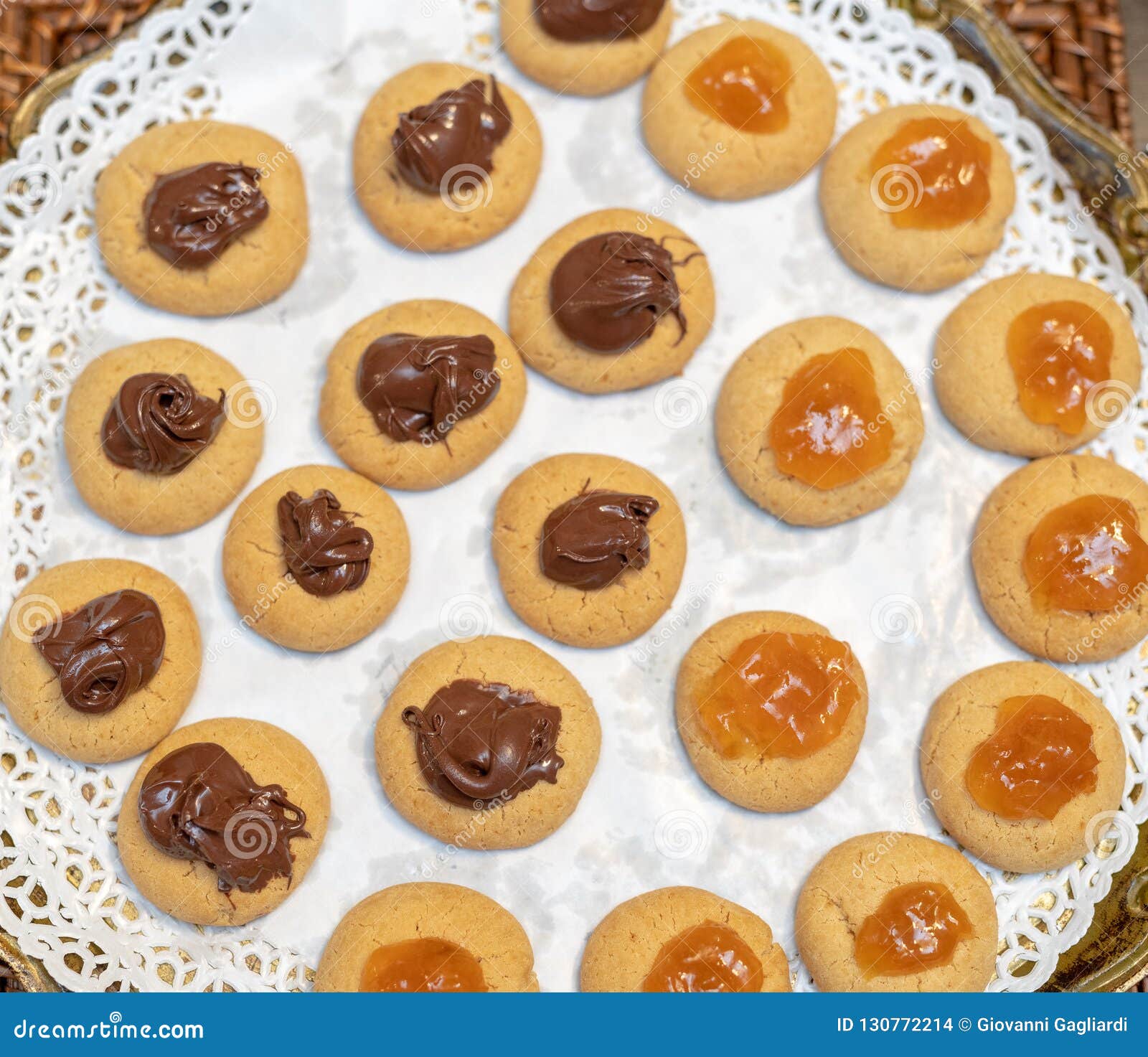 Cookies with Jam and Chocolate, Closeup Overhead View Stock Photo Image of healthy, closeup
