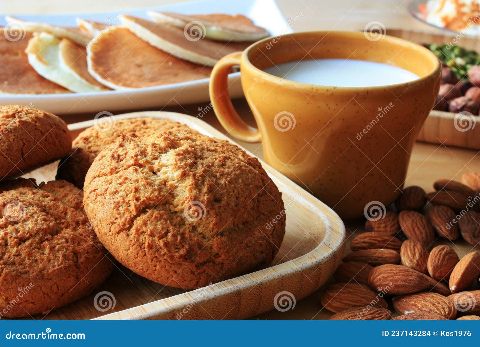 Cookies, Nuts and Milk for Breakfast Stock Photo Image of dessert