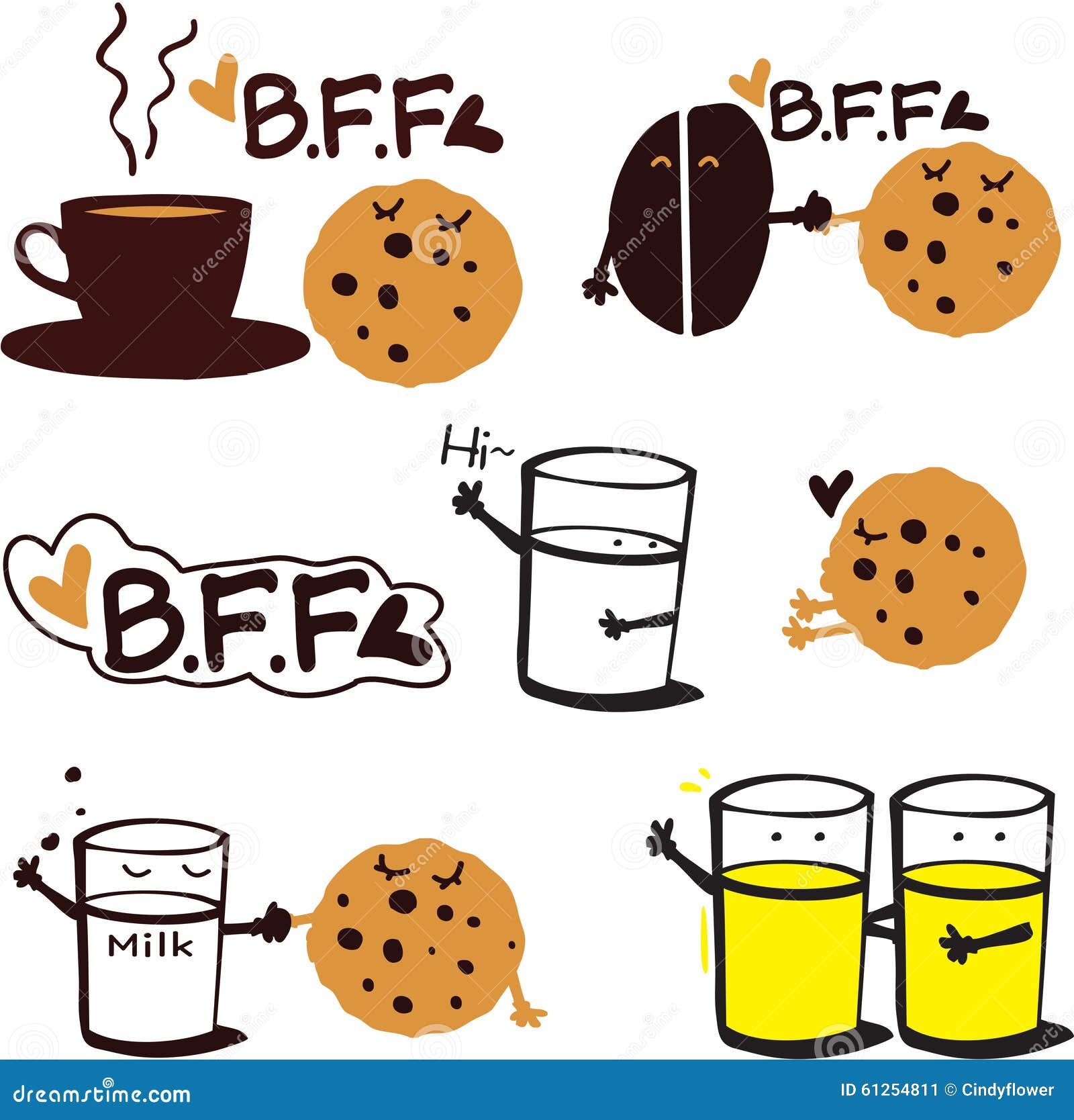 As cookies saborosos de BFF com bebidas ordenham a xícara de café e o suco de laranja