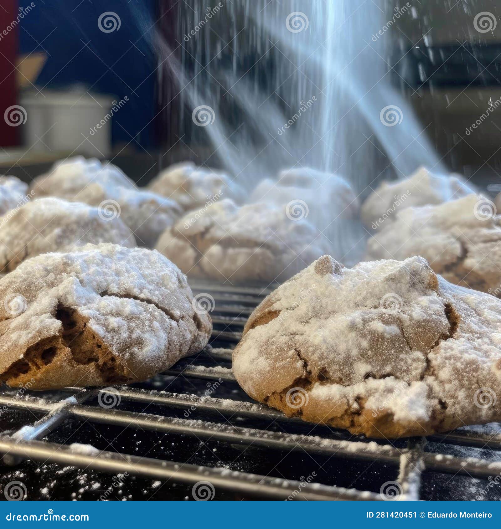 Cookies Sprinkled with Powdered Sugar on a Baking Sheet in a Bakery
