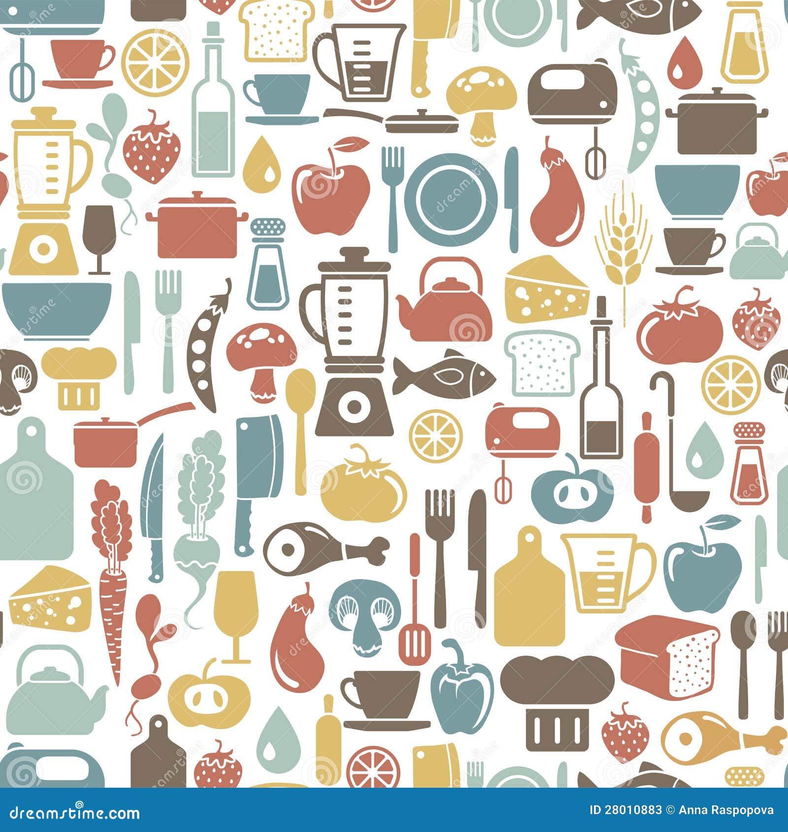 Seamless pattern with colorful food and tableware icons.