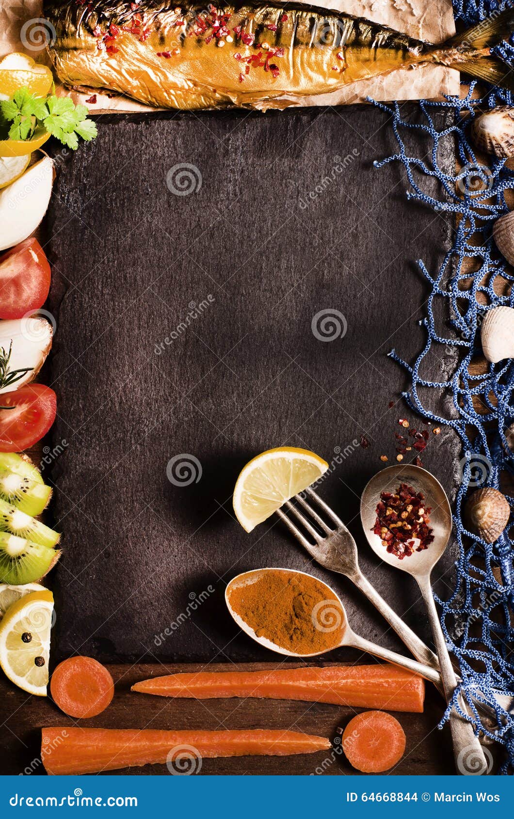 Cooking Background. Smoked Fish with Spices, Fruits and Lemon on Stock ...