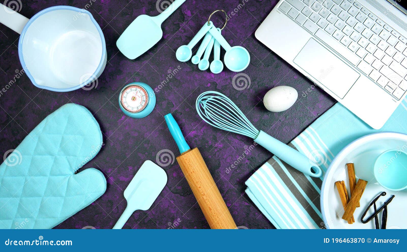 cooking baking food theme desktop workspace on stylish purple background.
