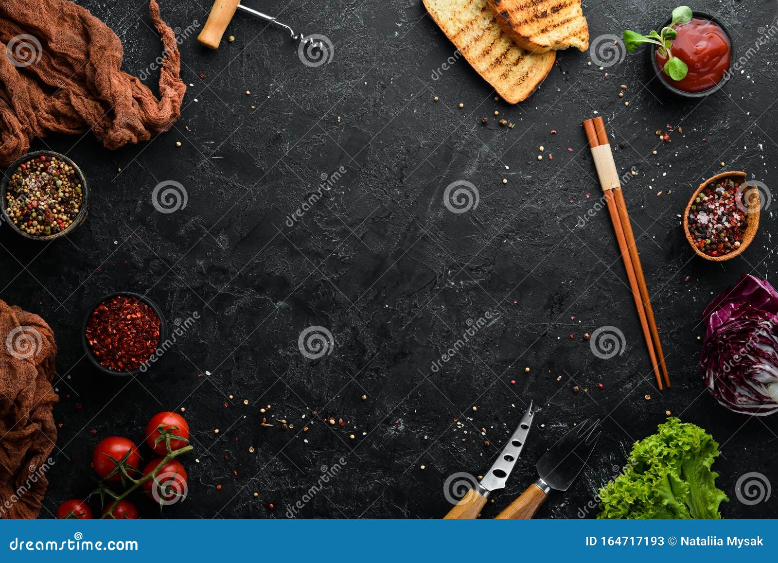 Cooking Banner. Kitchen Black Table and Ingredients. Food. Top View ...