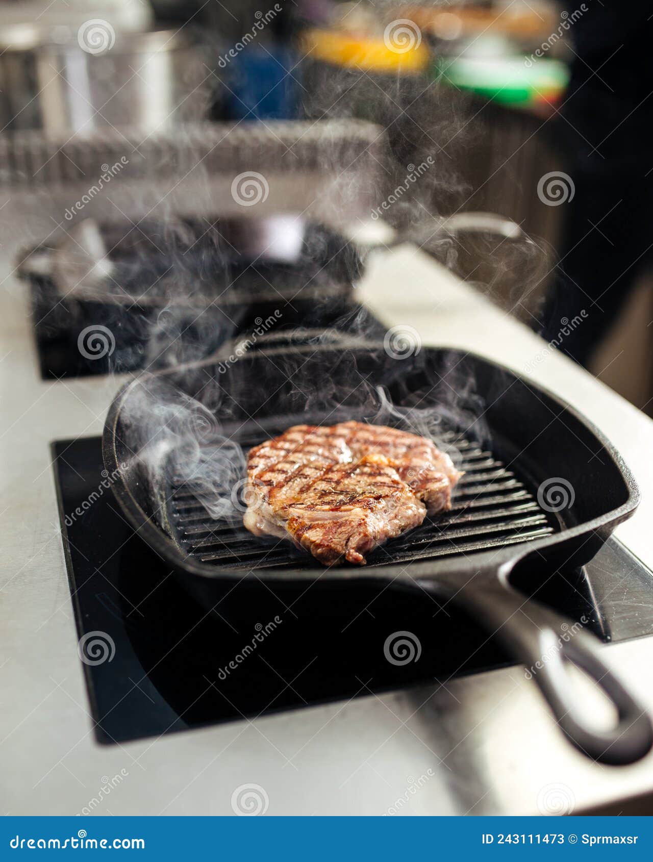 Cooking Beef Steak on Grilling Pan in the Kitchen Stock Image Image