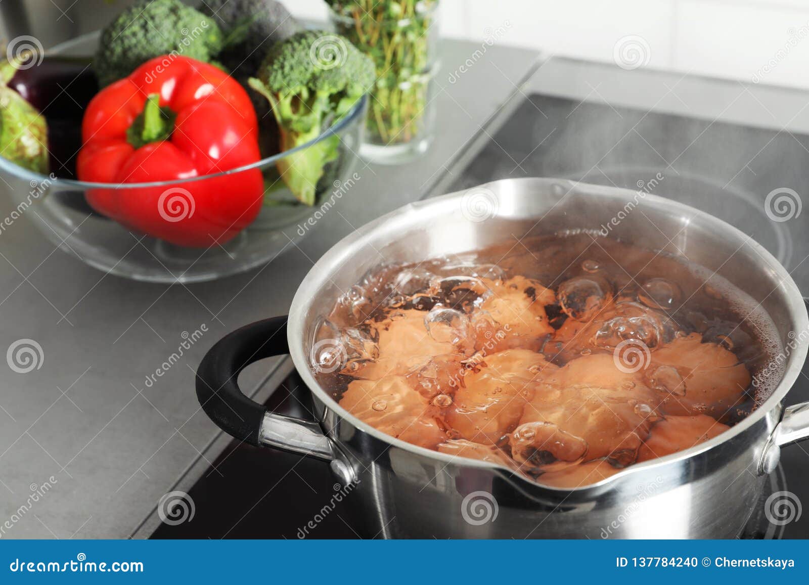 Cooking Chicken Eggs in Pot on Electric Stove Stock Photo Image of