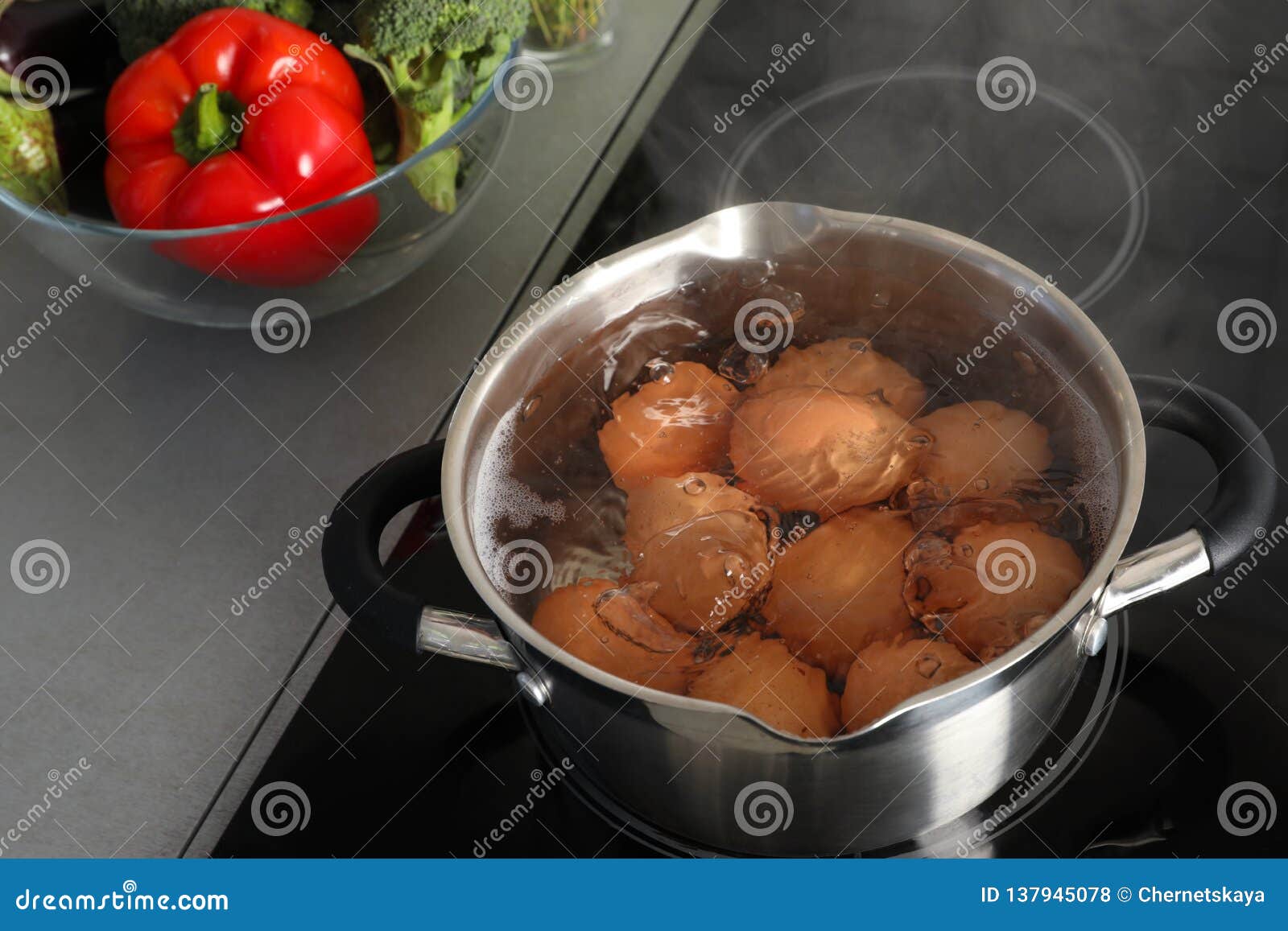 Cooking Chicken Eggs in Pot on Electric Stove Stock Photo Image of gastronomy, dinner 137945078