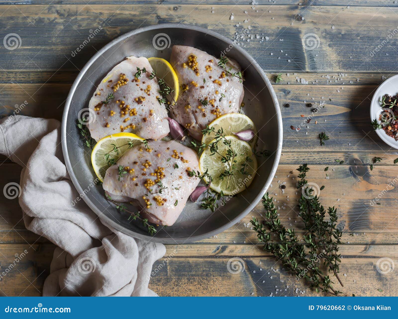 Cooking Chicken with Lemon, Thyme and White Wine. Raw Ingredients. Top