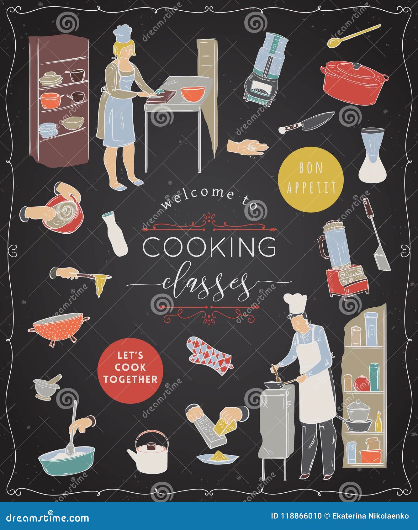 Cooking Classes.Design Template with People Preparing Meals, Kitchen Utensils and Appliances