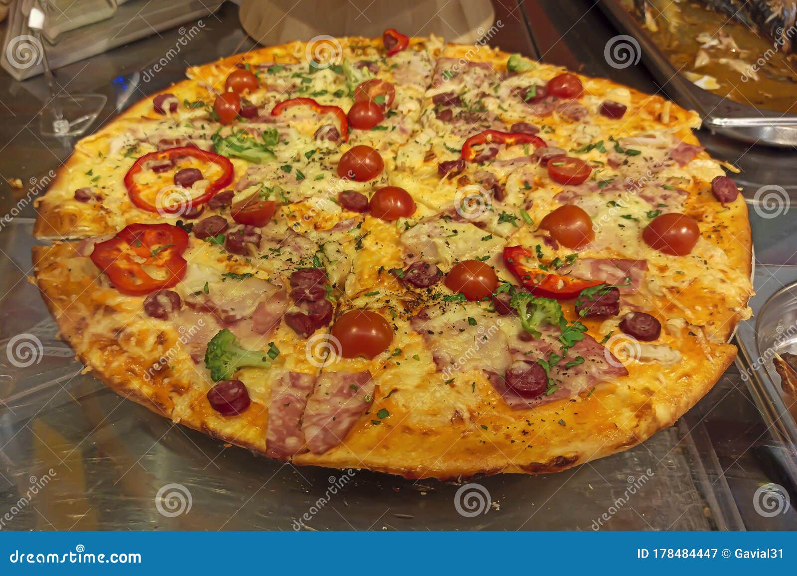 Cooking Delicious Pizza In The Kitchen Italian Pizza On The Counter After Baking Stock Image Image Of Delivery