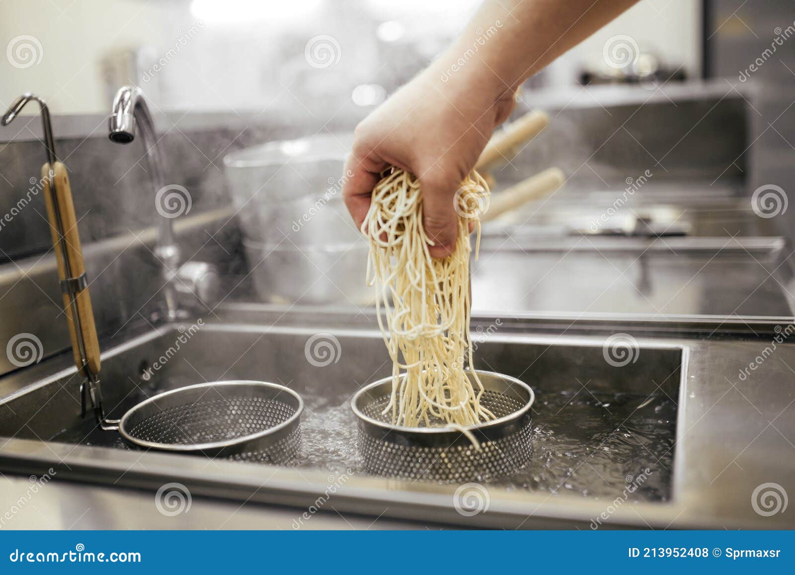 Cooking Egg Noodles in the Boiling Baskets Stock Photo Image of