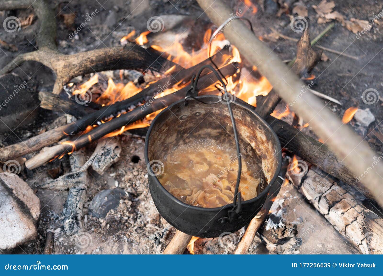 Cooking on Fire in the Forest. Cooking Porridge on a Campfire in Nature