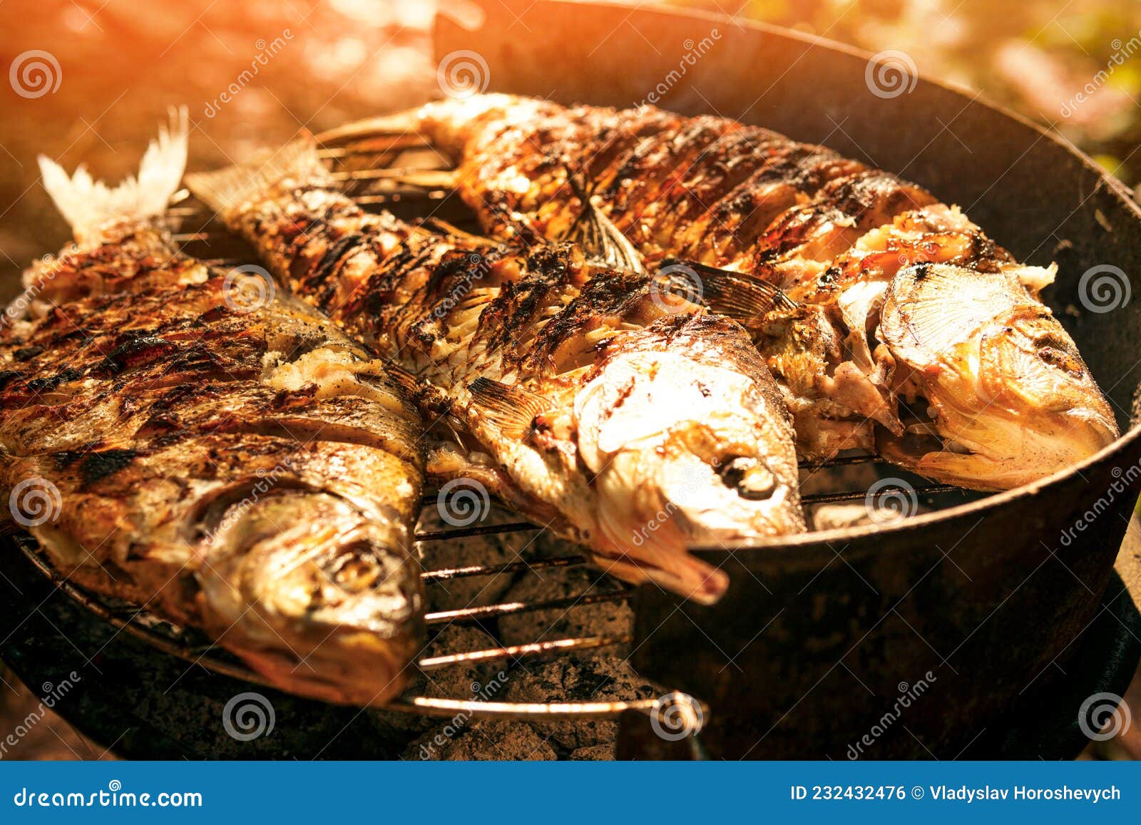 Cooking Fish on the Grill. Fried Fish. Fried Fish on the Fire. Closeup